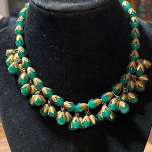 1950s West Germany (?) green glass & gold tone flower necklace
